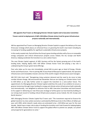 AIB 任命 Paul Travers 为 Climate Capital 董事总经理及执行委员会成员